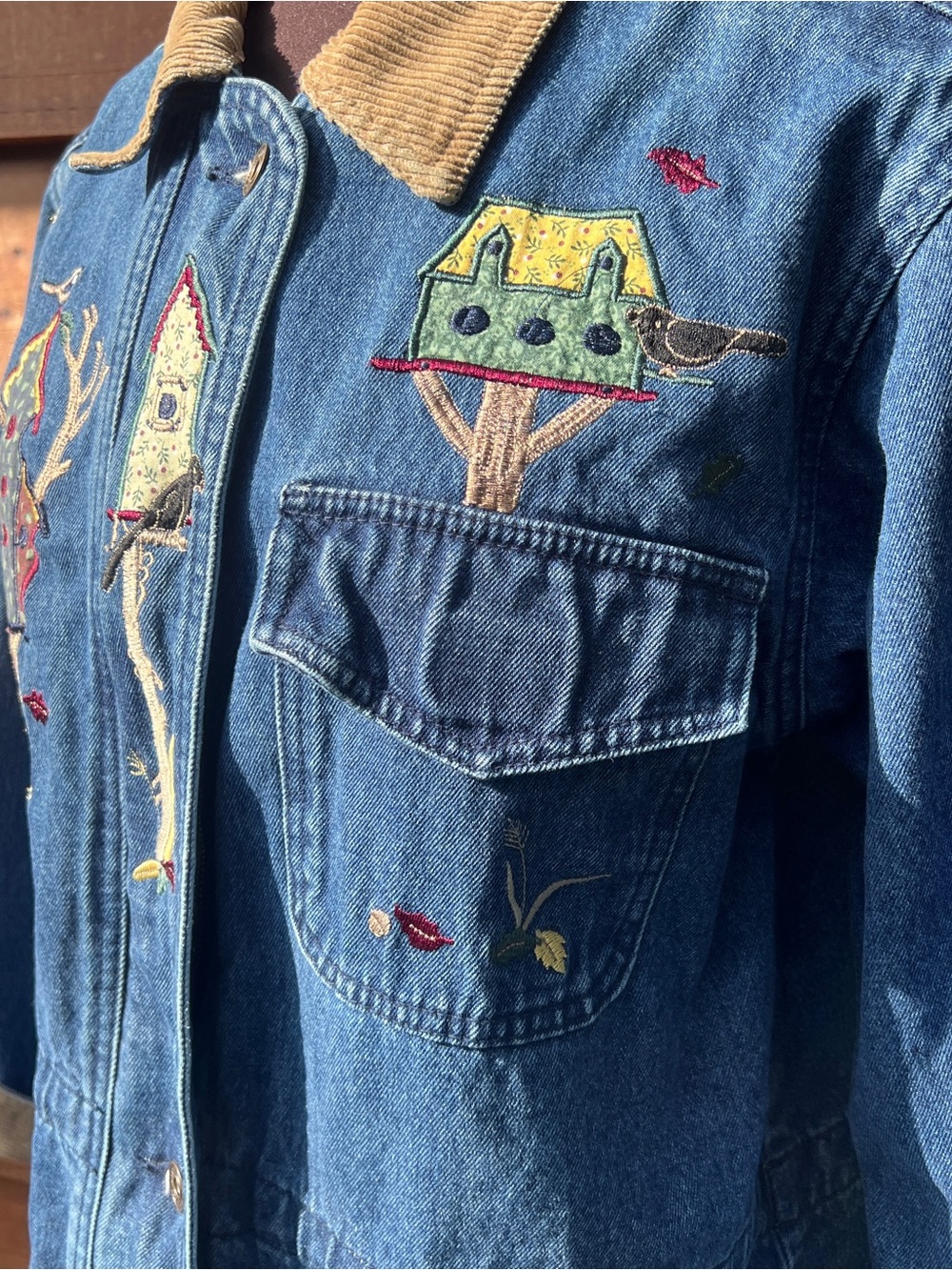 Vintage Denim Embroidered autumn Jacket with Corduroy Collar - Blue - Picture 3 of 8